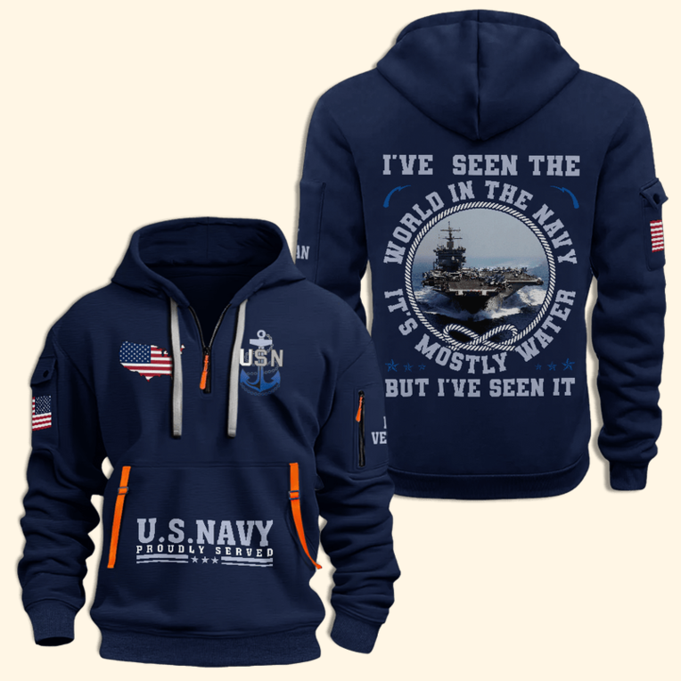 US Navy Proudly Served Half Zip Hoodie USN Veteran Hoodie Navy Veteran Birthday Gifts