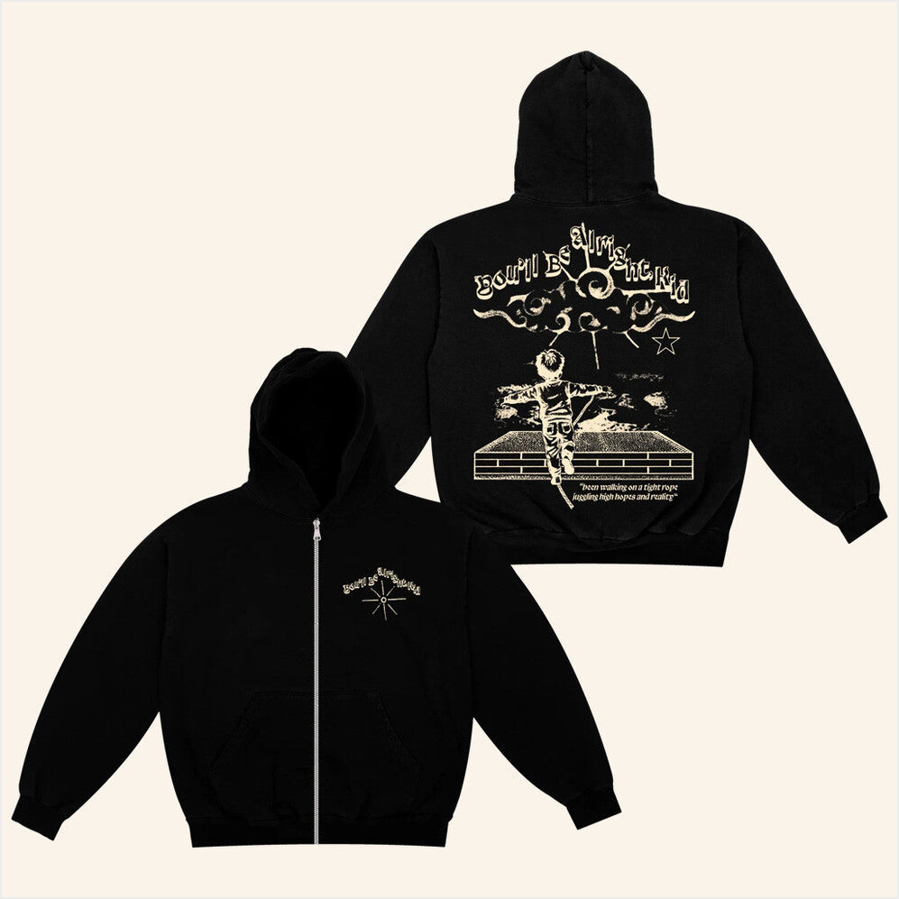 You'll Be Alright Kid Black Zip Up Hoodie Alex Warren Official Merch Best Friend Birthday Gifts