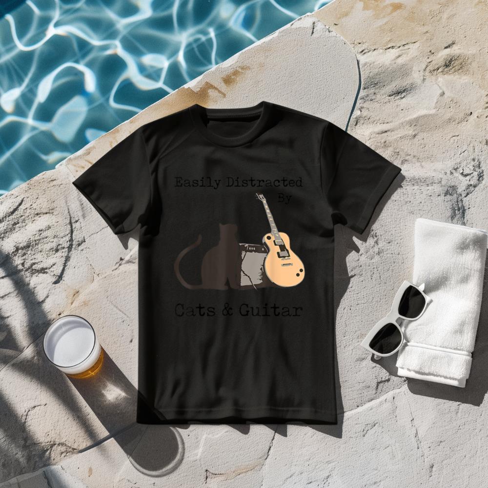 Easily Distracted By Cats And Guitar Gifts Cats Guitar Lover T-Shirt