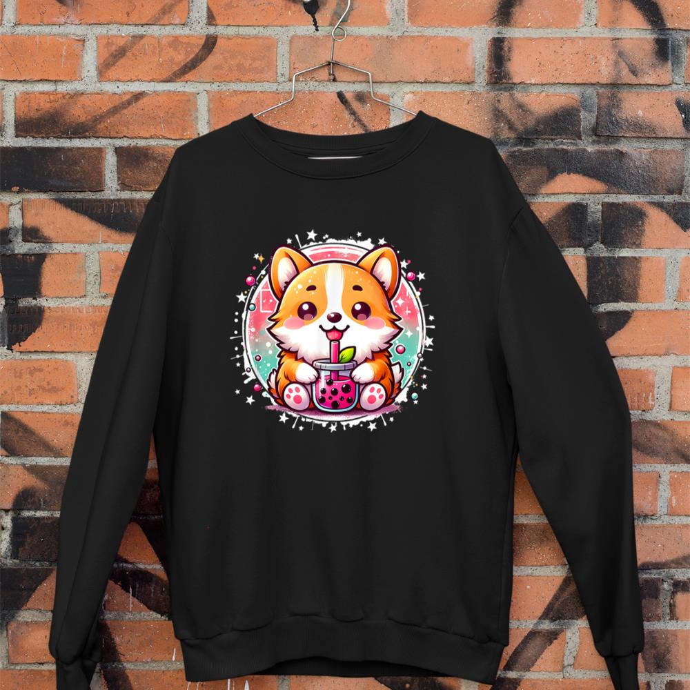 Corgi Dog Drinks Boba Bubble Tea Cute Anime Kawaii Corgi Dog Sweatshirt