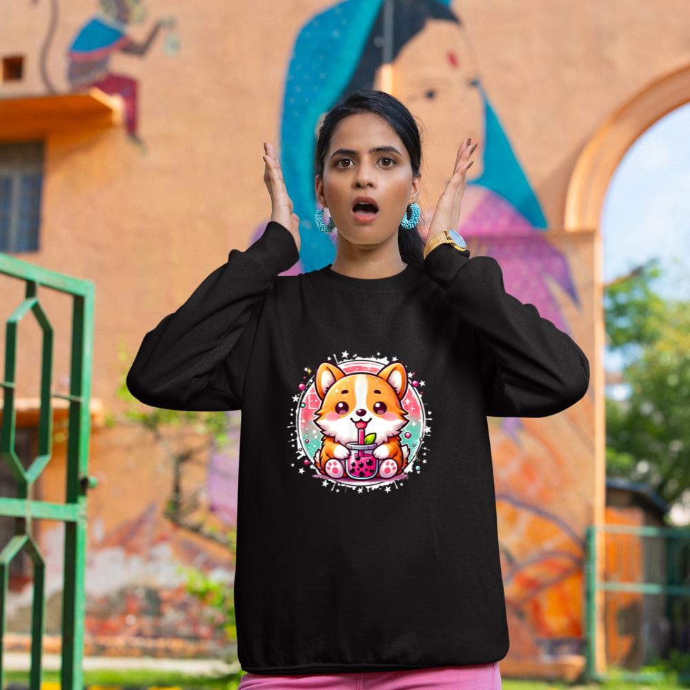 Corgi Dog Drinks Boba Bubble Tea Cute Anime Kawaii Corgi Dog Sweatshirt - Image 2