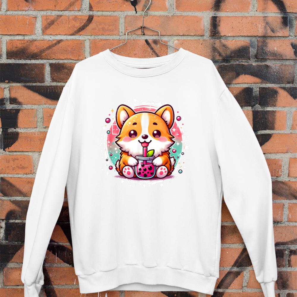 Corgi Dog Drinks Boba Bubble Tea Cute Anime Kawaii Corgi Dog Sweatshirt - Image 3