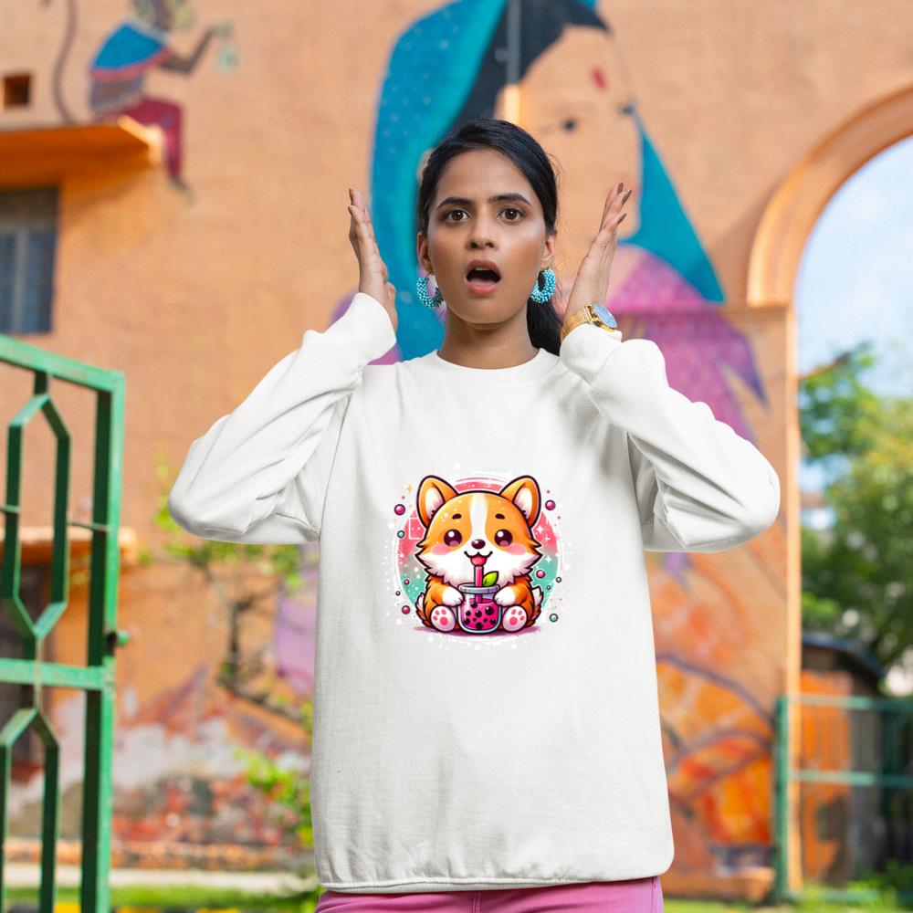 Corgi Dog Drinks Boba Bubble Tea Cute Anime Kawaii Corgi Dog Sweatshirt - Image 4