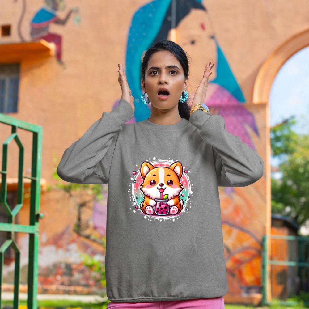 Corgi Dog Drinks Boba Bubble Tea Cute Anime Kawaii Corgi Dog Sweatshirt - Image 6
