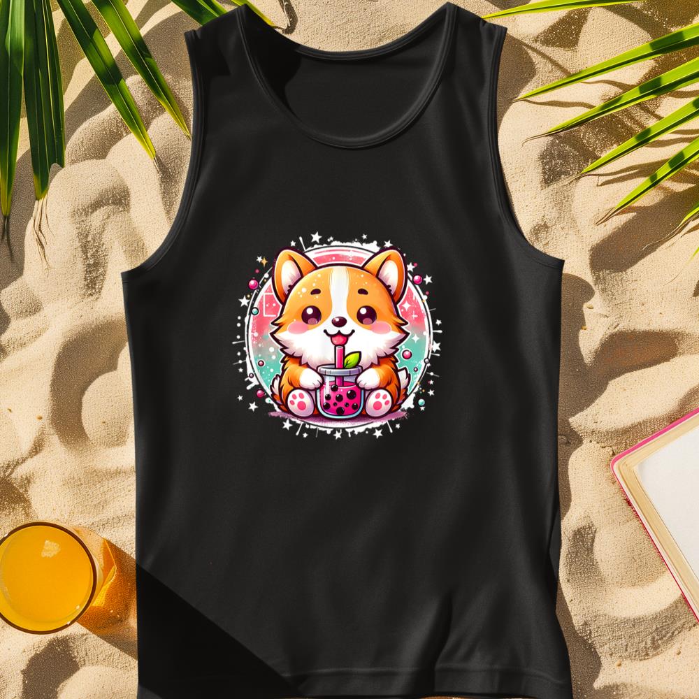 Corgi Dog Drinks Boba Bubble Tea Cute Anime Kawaii Tank Top - ThreeDuckStee
