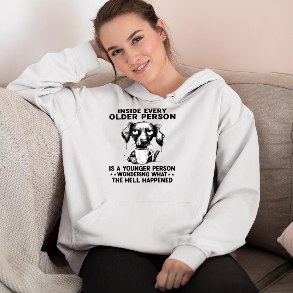 Funny Dog drinking coffee - Inside Every Older Person Hoodie - Image 4