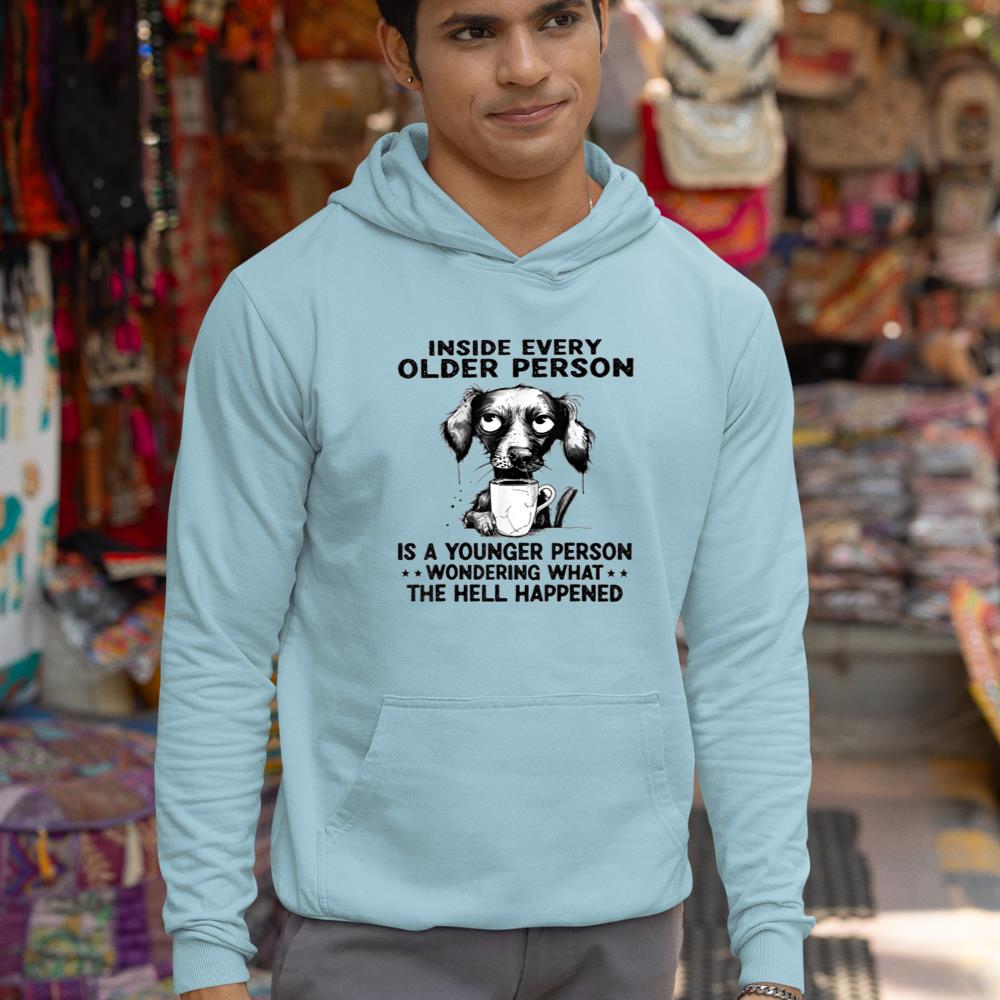Funny Dog drinking coffee - Inside Every Older Person Hoodie - Image 11