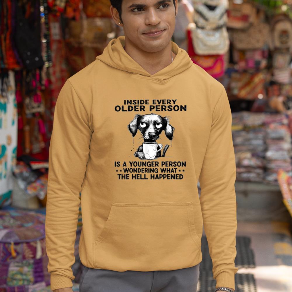 Funny Dog drinking coffee - Inside Every Older Person Hoodie - Image 13