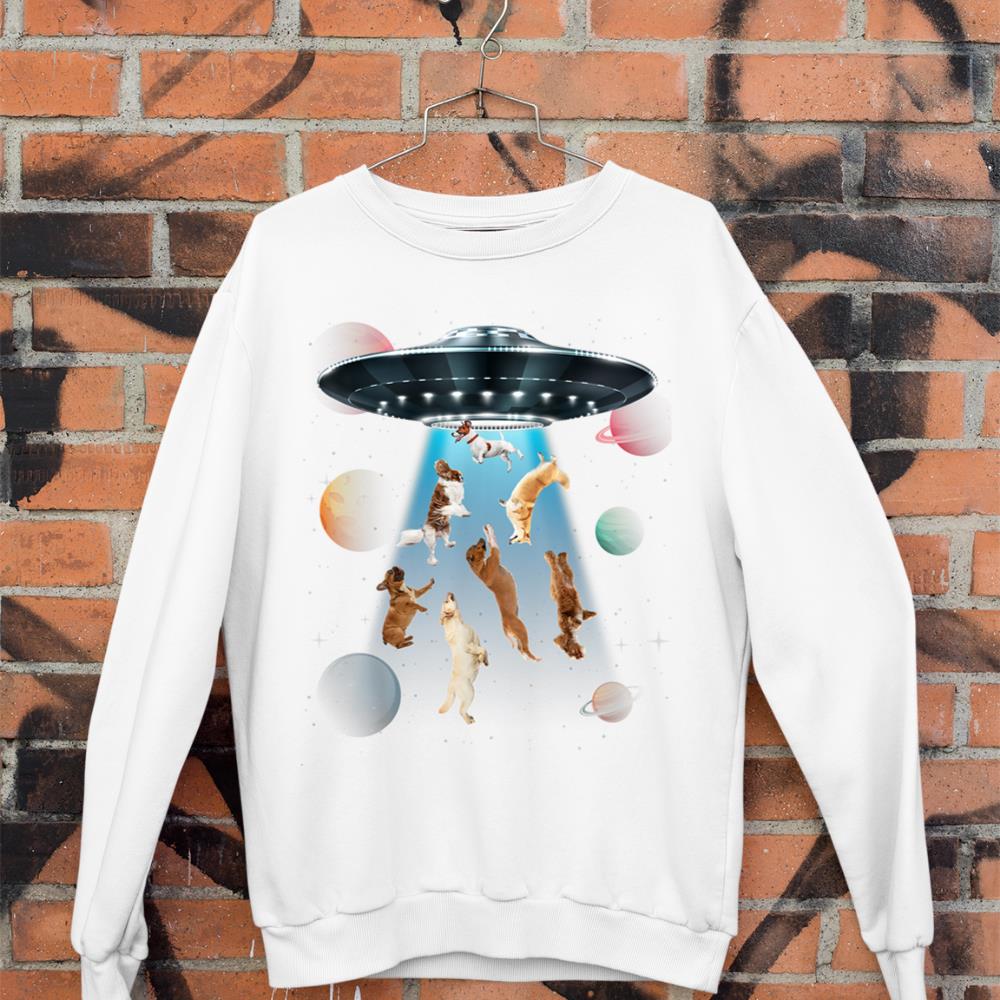 Funny dogs in space aliens ufo abduction planets galaxy Sweatshirt - Image 3