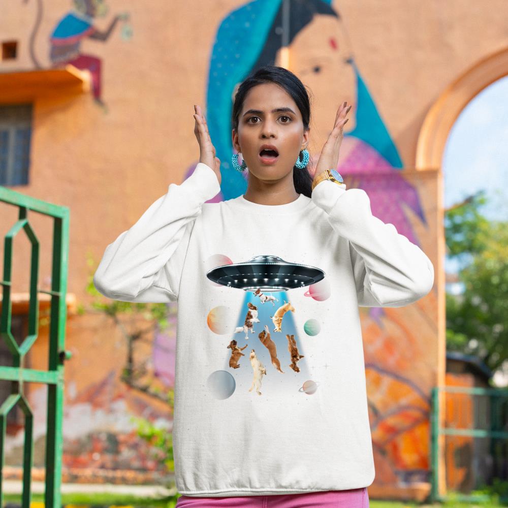 Funny dogs in space aliens ufo abduction planets galaxy Sweatshirt - Image 4