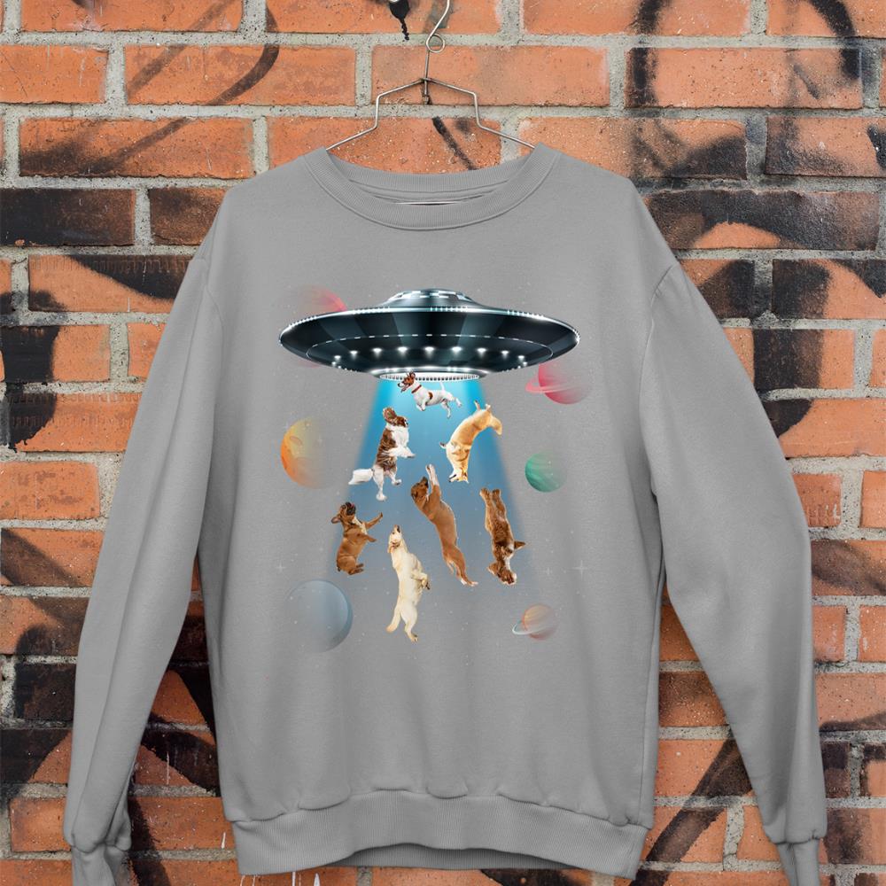 Funny dogs in space aliens ufo abduction planets galaxy Sweatshirt - Image 5