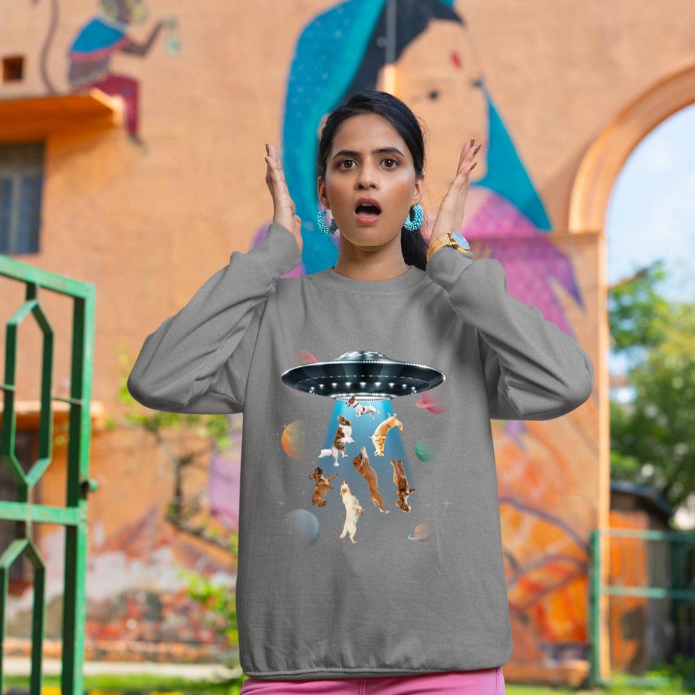 Funny dogs in space aliens ufo abduction planets galaxy Sweatshirt - Image 6