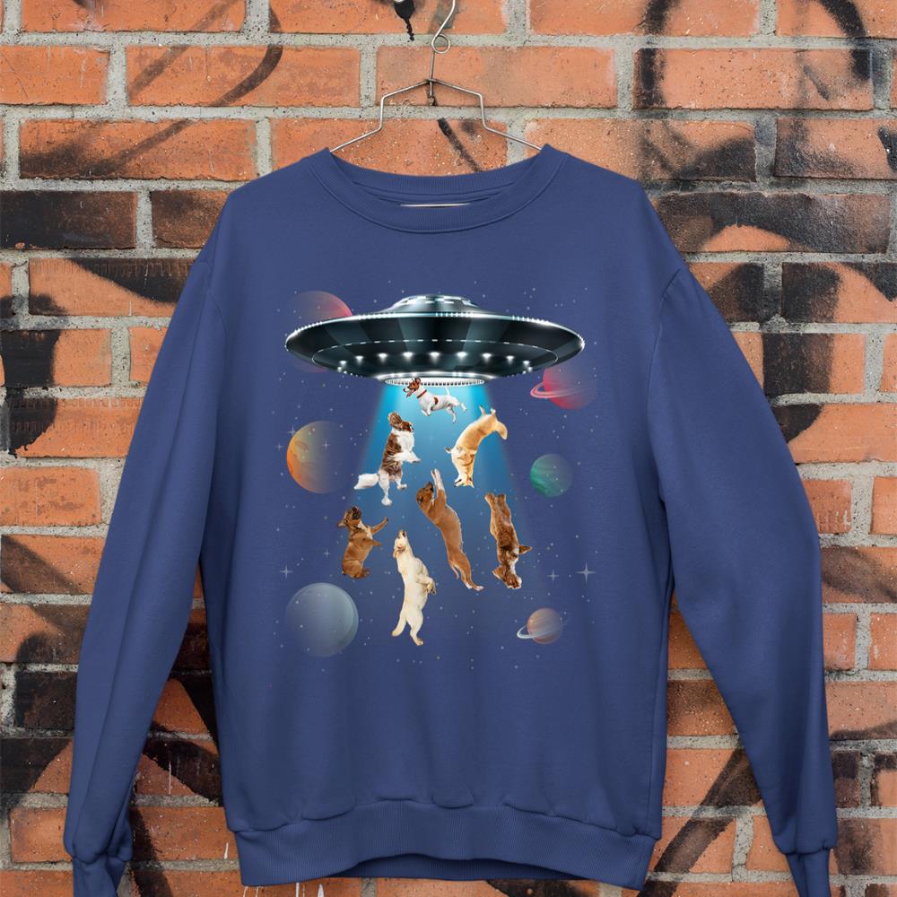 Funny dogs in space aliens ufo abduction planets galaxy Sweatshirt - Image 7