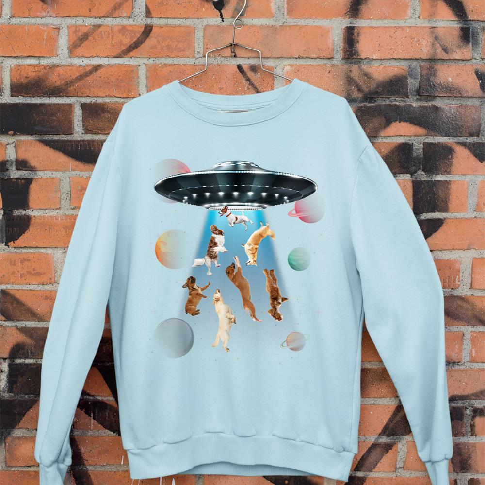 Funny dogs in space aliens ufo abduction planets galaxy Sweatshirt - Image 9