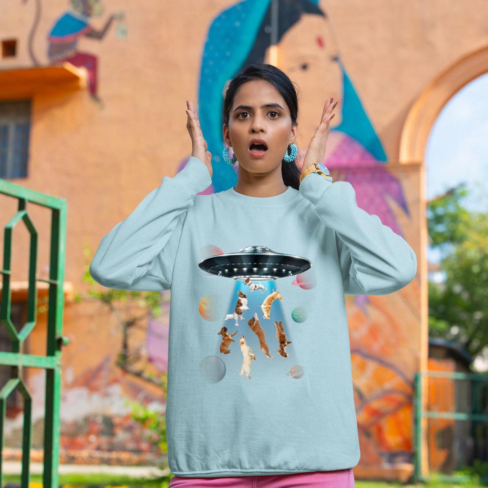 Funny dogs in space aliens ufo abduction planets galaxy Sweatshirt - Image 10