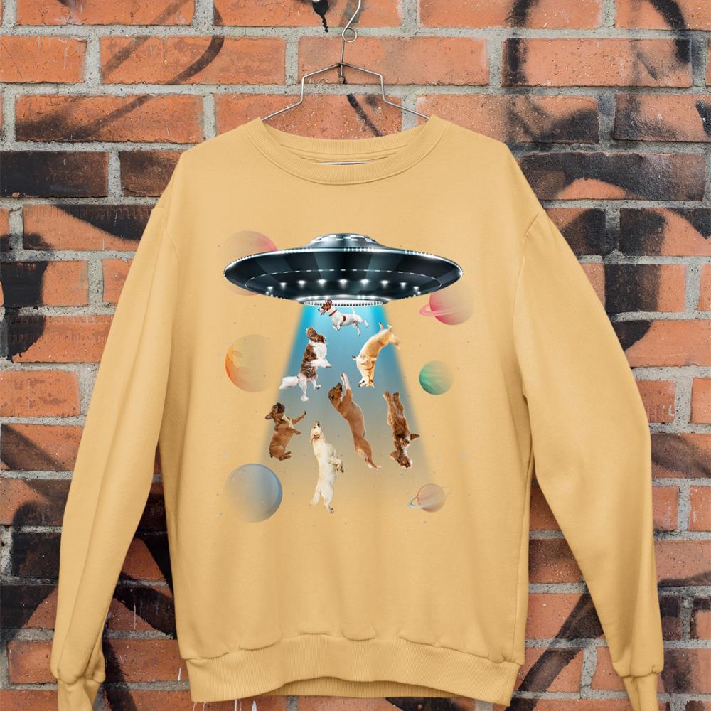 Funny dogs in space aliens ufo abduction planets galaxy Sweatshirt - Image 11