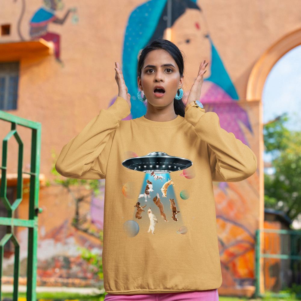 Funny dogs in space aliens ufo abduction planets galaxy Sweatshirt - Image 12