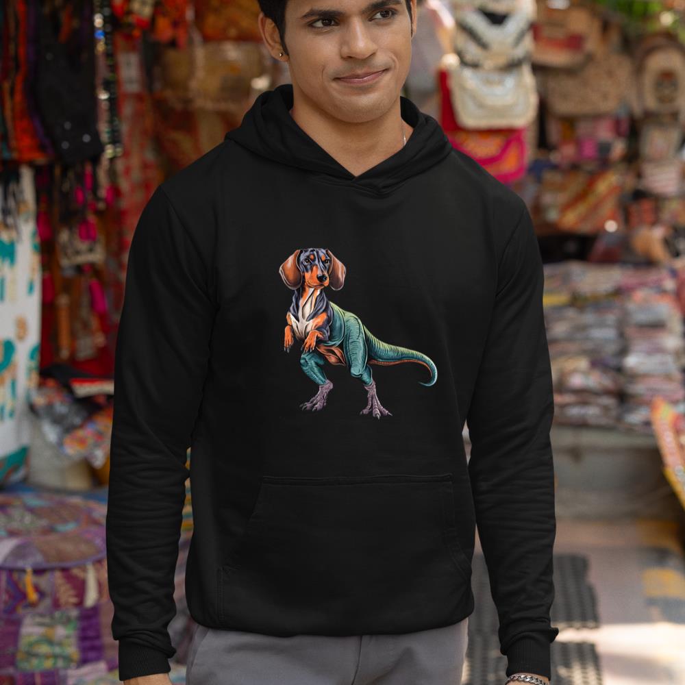 Funny Vintage Dachshund Dinosaur Dachshundsaurus T-Rex Dog Hoodie - Image 3