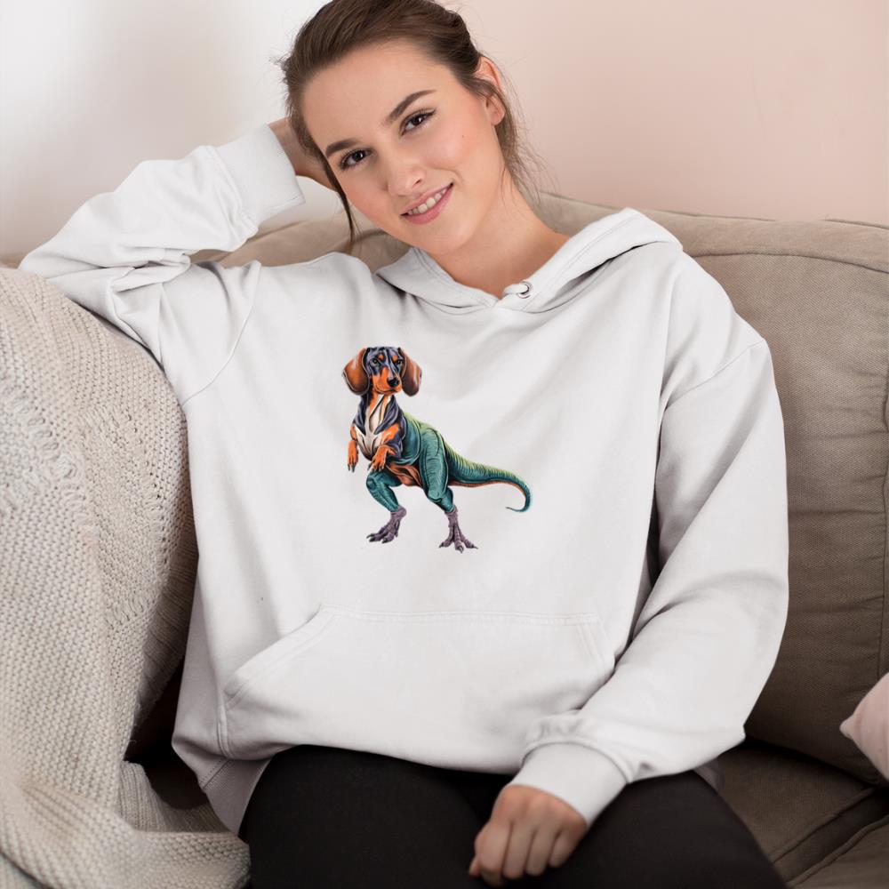 Funny Vintage Dachshund Dinosaur Dachshundsaurus T-Rex Dog Hoodie - Image 4