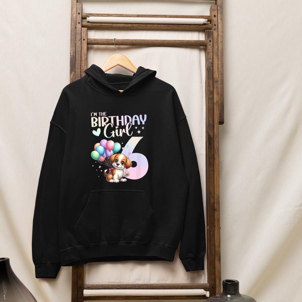 Kids 6th Birthday Girl Dog Cute 6 Years Old Six 6 Birthday Hoodie