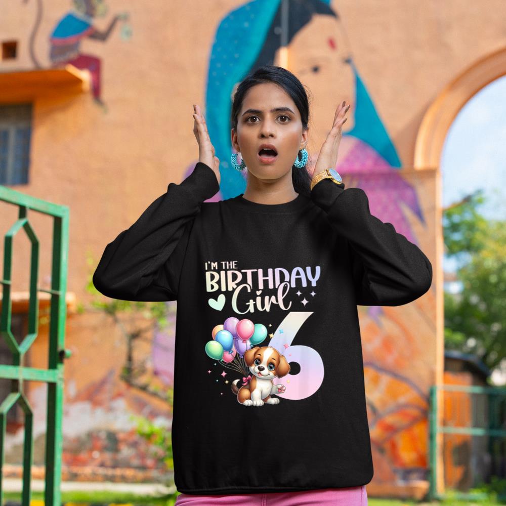 Kids 6th Birthday Girl Dog Cute 6 Years Old Six 6 Birthday Sweatshirt - Image 2