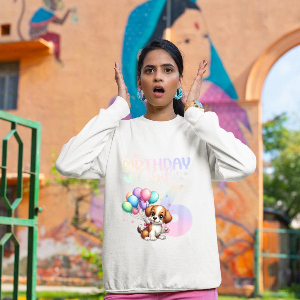 Kids 6th Birthday Girl Dog Cute 6 Years Old Six 6 Birthday Sweatshirt - Image 4