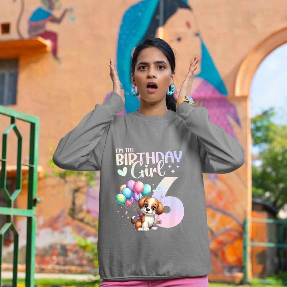 Kids 6th Birthday Girl Dog Cute 6 Years Old Six 6 Birthday Sweatshirt - Image 6
