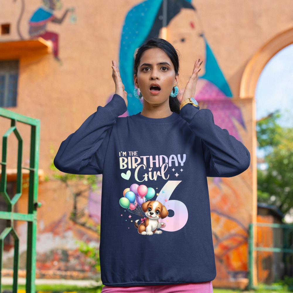 Kids 6th Birthday Girl Dog Cute 6 Years Old Six 6 Birthday Sweatshirt - Image 8