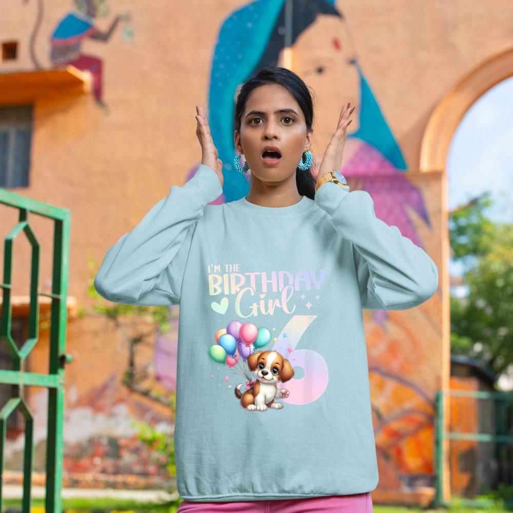 Kids 6th Birthday Girl Dog Cute 6 Years Old Six 6 Birthday Sweatshirt - Image 10