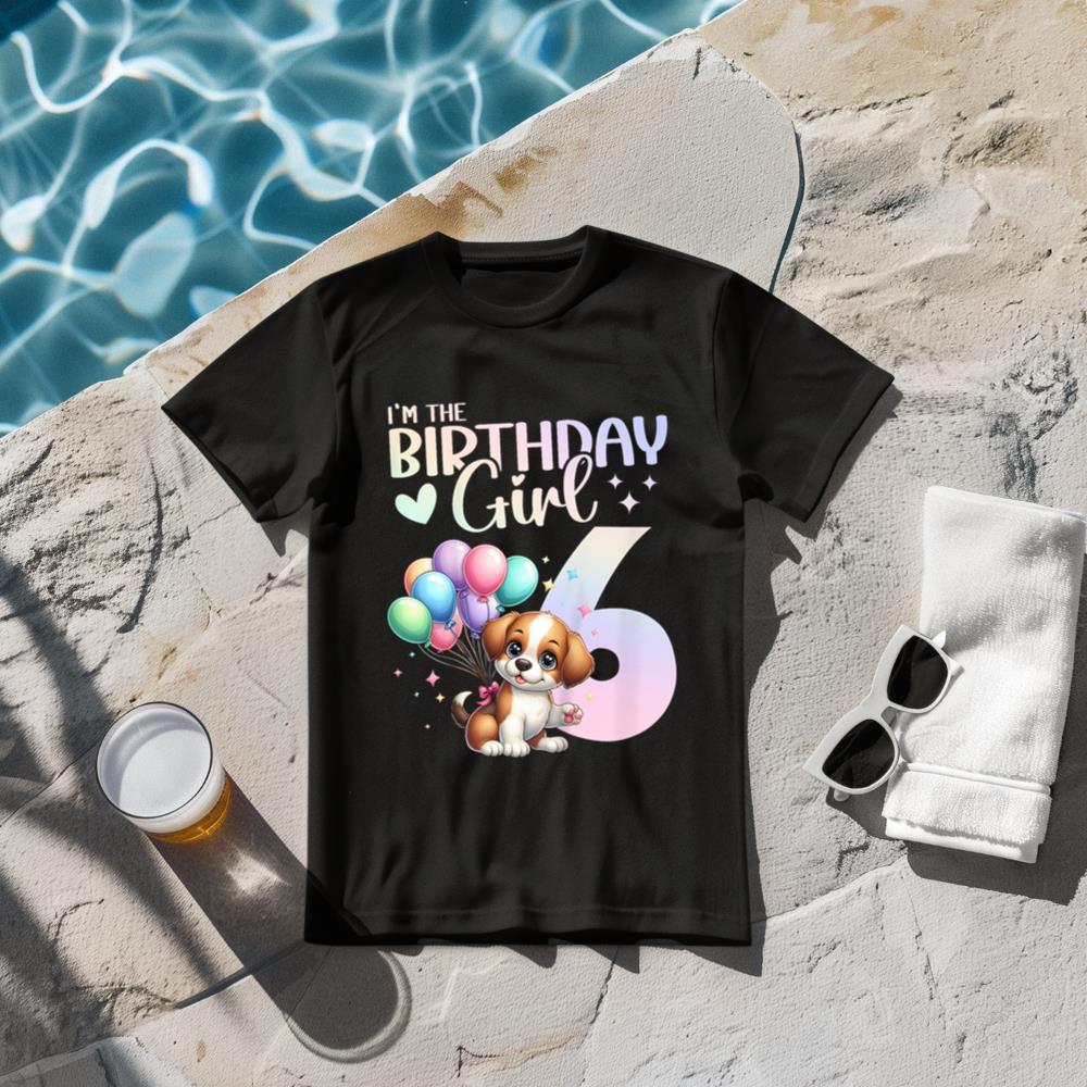 Kids 6th Birthday Girl Dog Cute 6 Years Old Six 6 Birthday T-Shirt