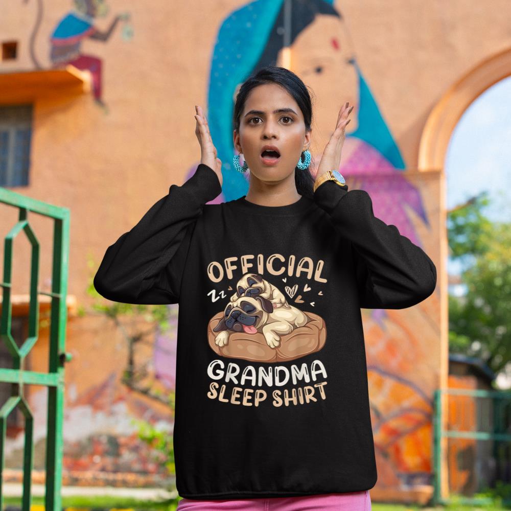 Official Grandma Sleep Shirt, Pug & Puppy Funny Dog Pajama Sweatshirt - Image 2