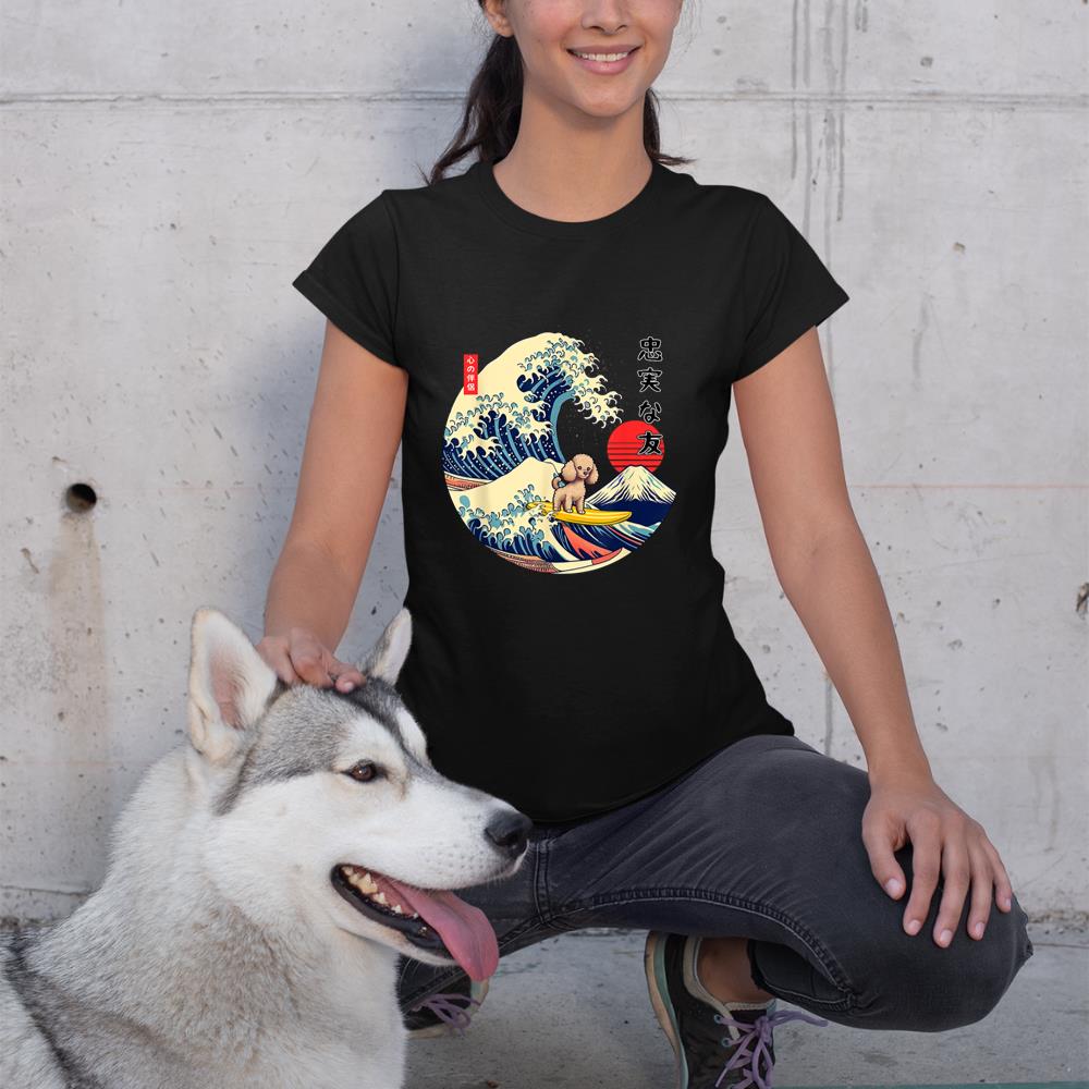 Poodle Japanese Kanagawa Wave Surf Loyal Dog T-Shirt - Image 2