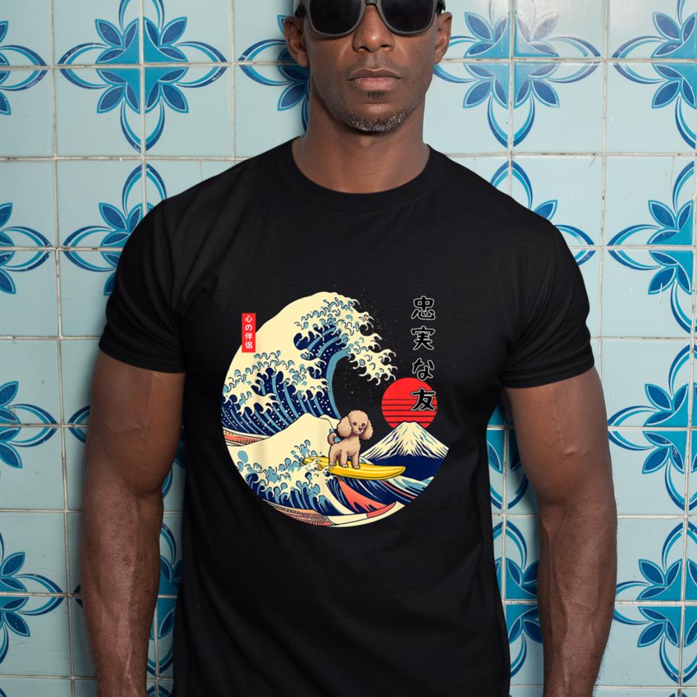 Poodle Japanese Kanagawa Wave Surf Loyal Dog T-Shirt - Image 3