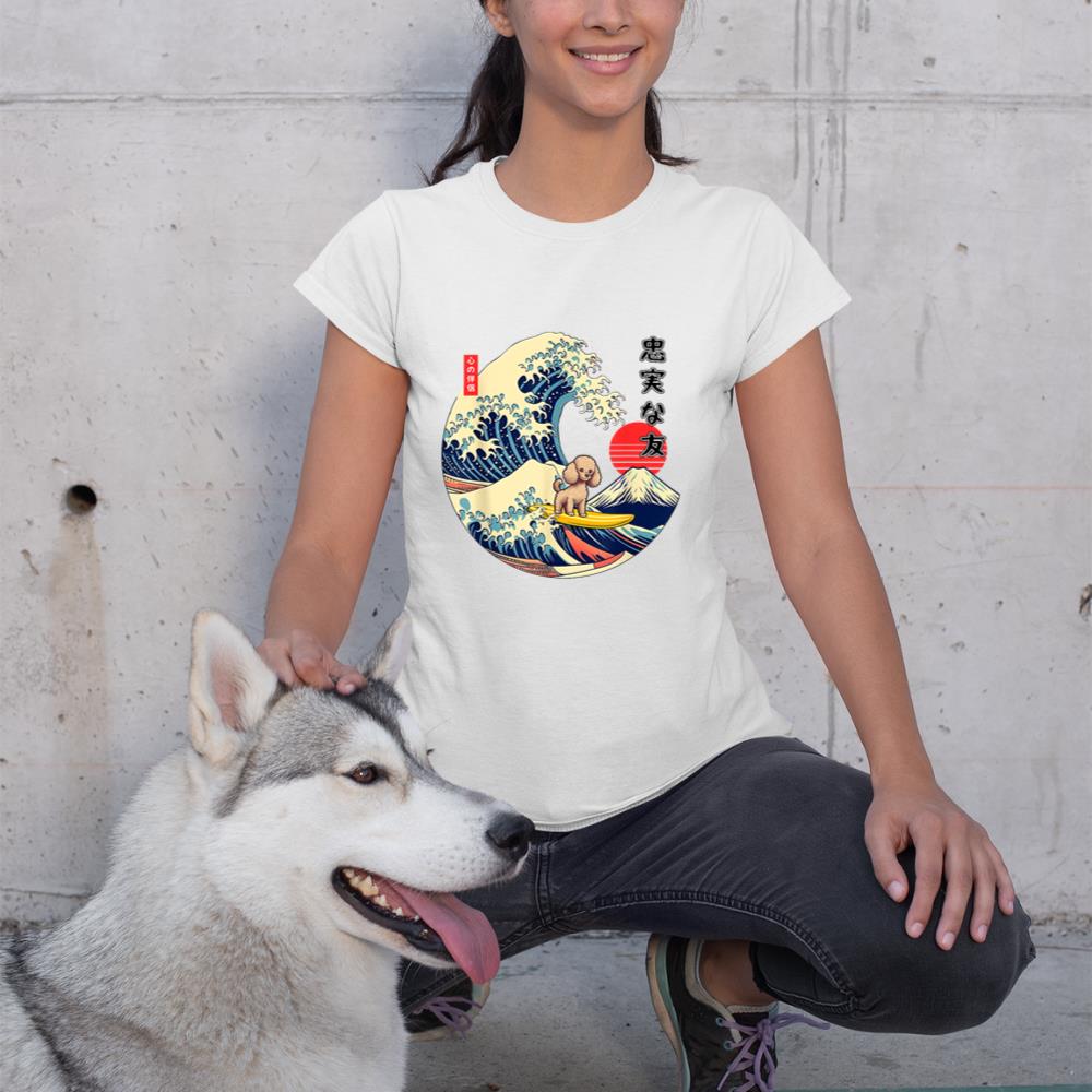Poodle Japanese Kanagawa Wave Surf Loyal Dog T-Shirt - Image 4