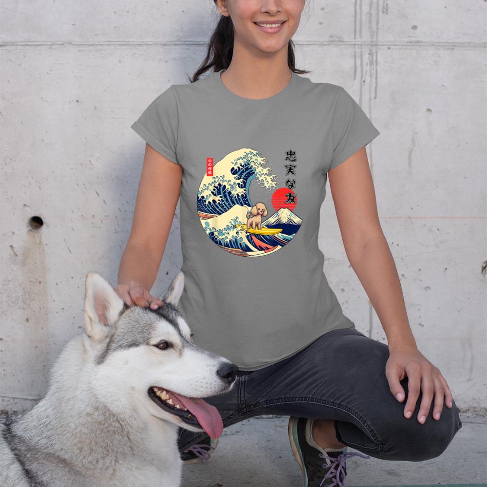 Poodle Japanese Kanagawa Wave Surf Loyal Dog T-Shirt - Image 6