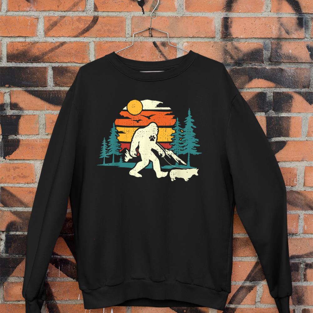Retro Bigfoot Walking Welsh Corgi Dog Walker Sasquatch Sweatshirt