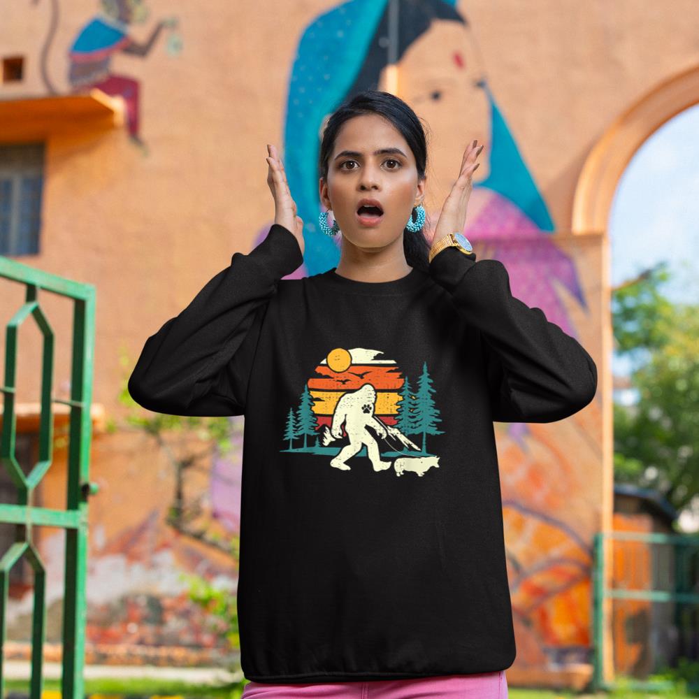 Retro Bigfoot Walking Welsh Corgi Dog Walker Sasquatch Sweatshirt - Image 2