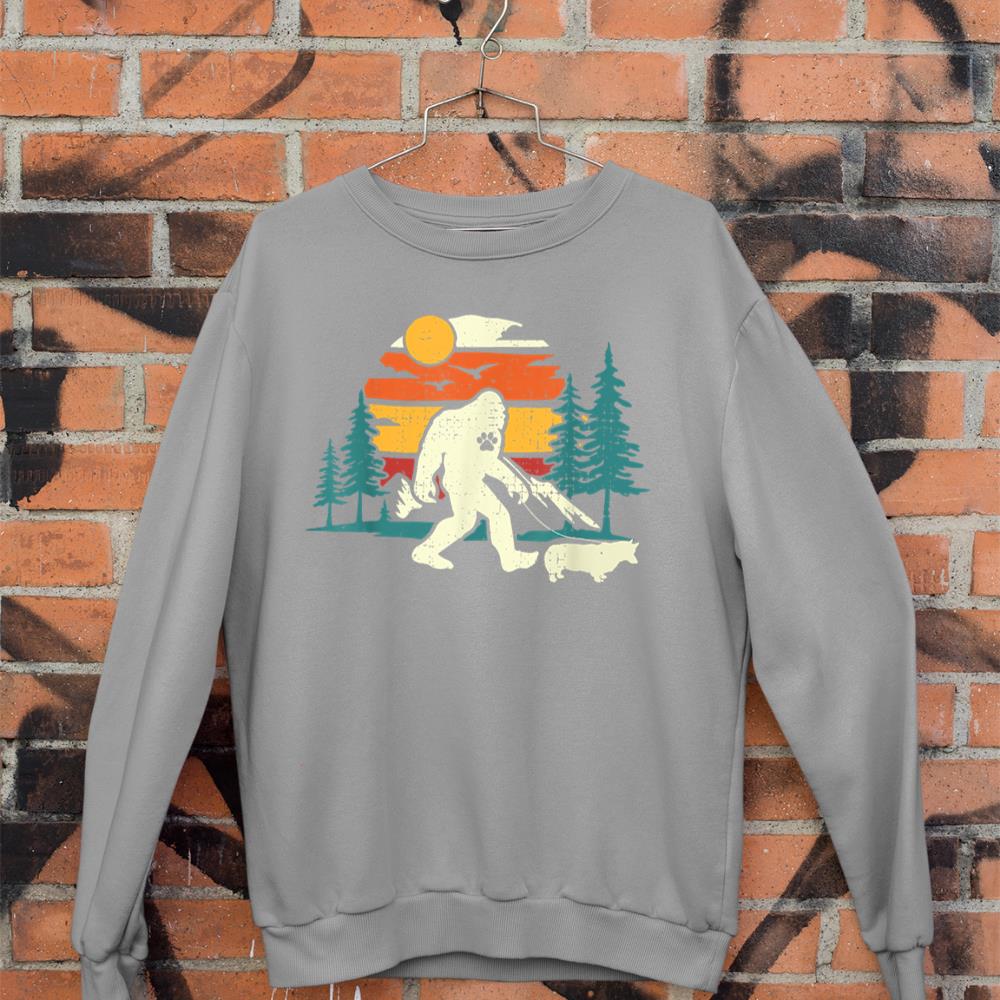 Retro Bigfoot Walking Welsh Corgi Dog Walker Sasquatch Sweatshirt - Image 5