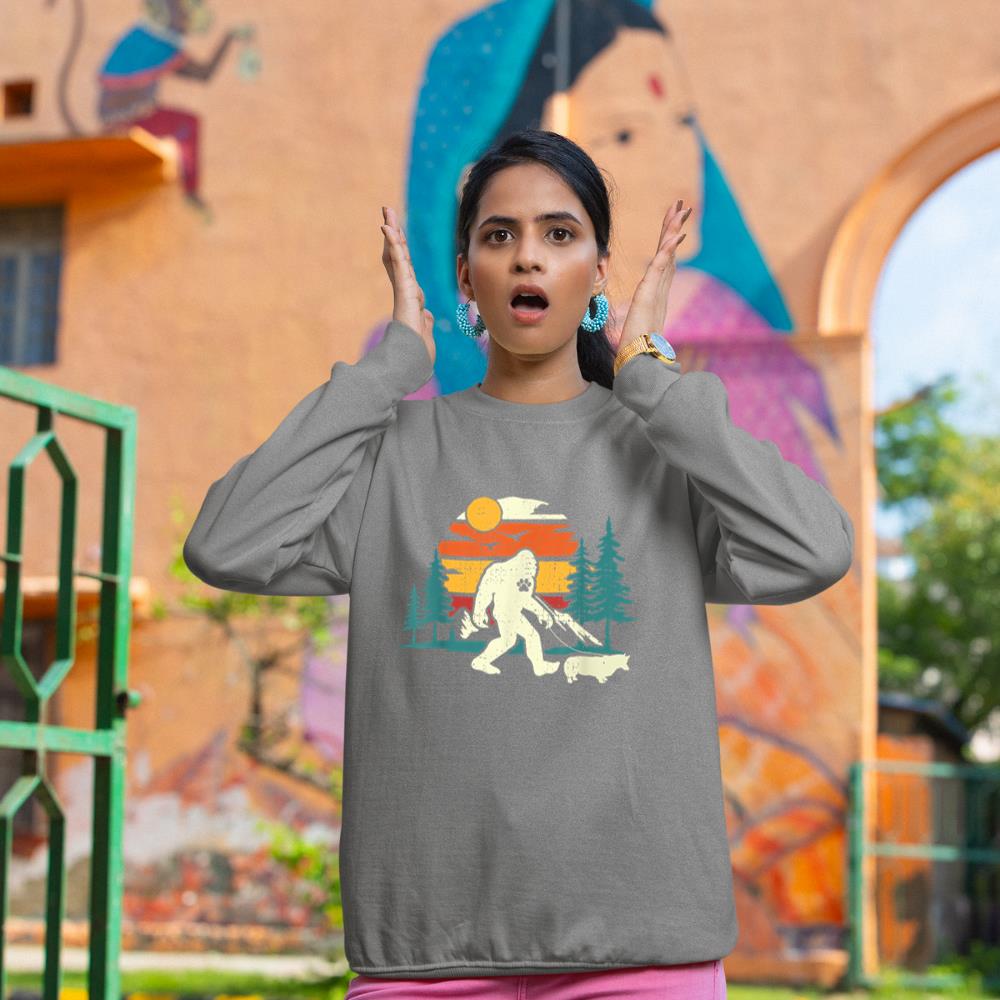 Retro Bigfoot Walking Welsh Corgi Dog Walker Sasquatch Sweatshirt - Image 6