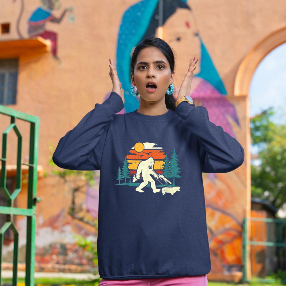 Retro Bigfoot Walking Welsh Corgi Dog Walker Sasquatch Sweatshirt - Image 8