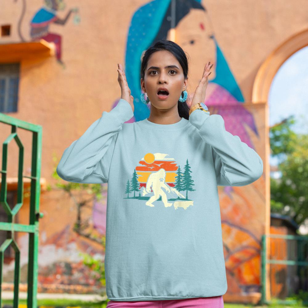 Retro Bigfoot Walking Welsh Corgi Dog Walker Sasquatch Sweatshirt - Image 10