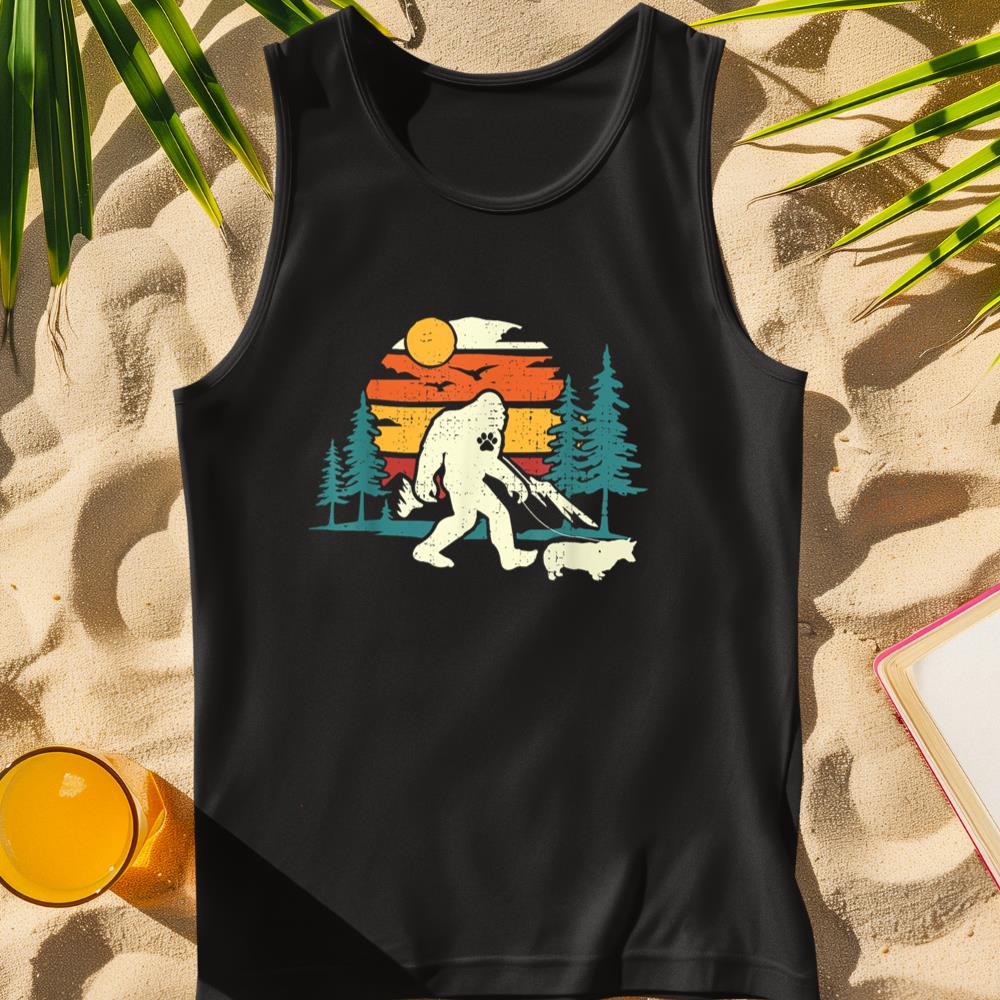 Retro Bigfoot Walking Welsh Corgi Dog Walker Sasquatch Tank Top