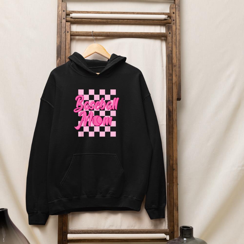 Baseball Mom Black And Pink Grid Sports Mother Mama Player Hoodie