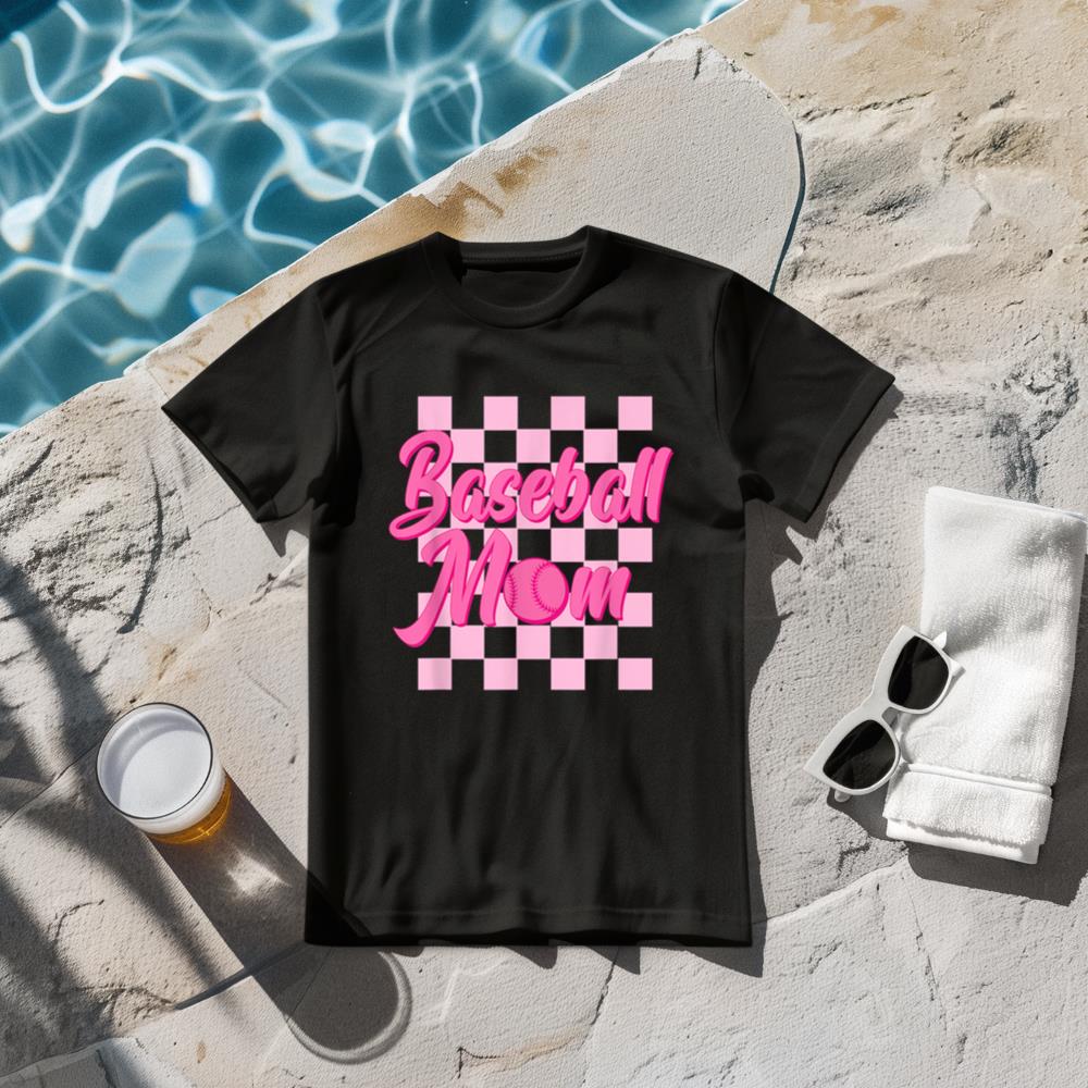 Baseball Mom Black And Pink Grid Sports Mother Mama Player T-Shirt