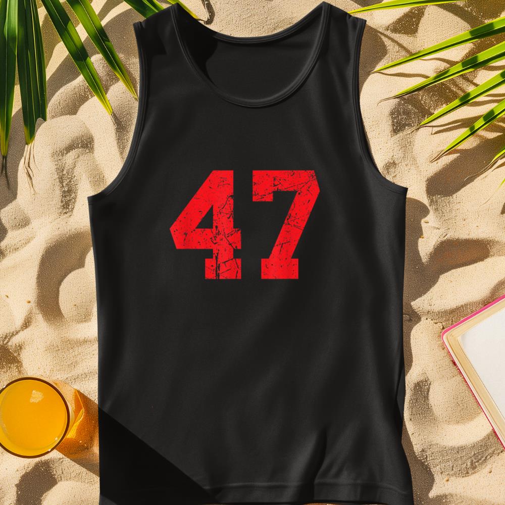 Number #47 Red Distressed Varsity Number Tank Top