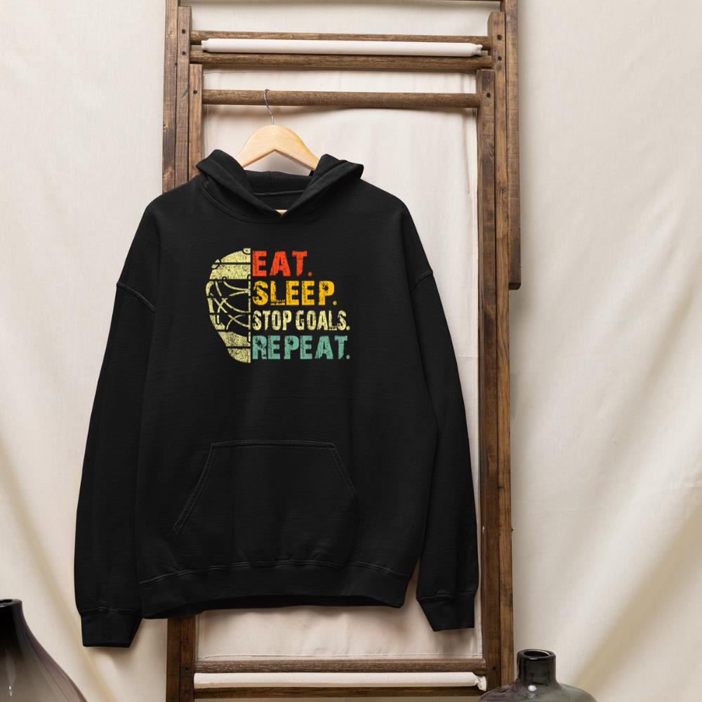 Retro Funny Eat Sleep Stop Goals Repeat Ice Hockey Goalie Hoodie