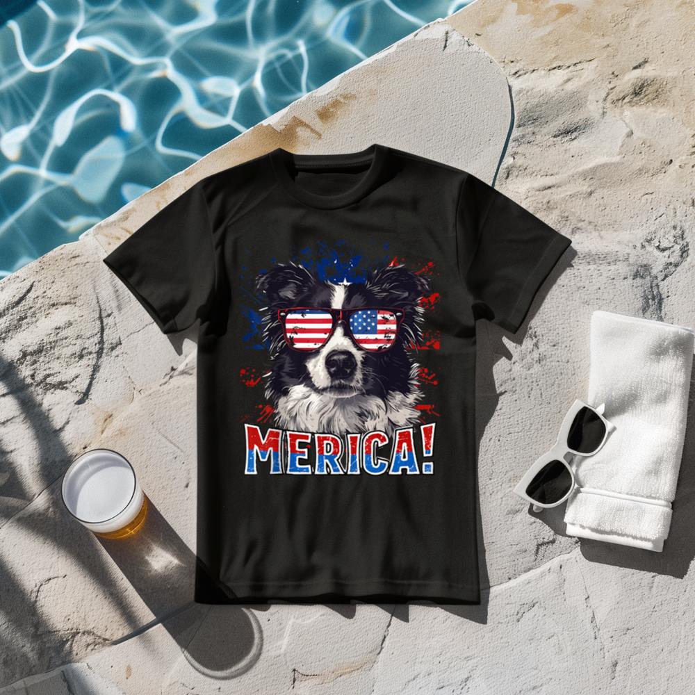 4th Of July Merica Border Collie Dog USA Flag Kids Men Women T-Shirt