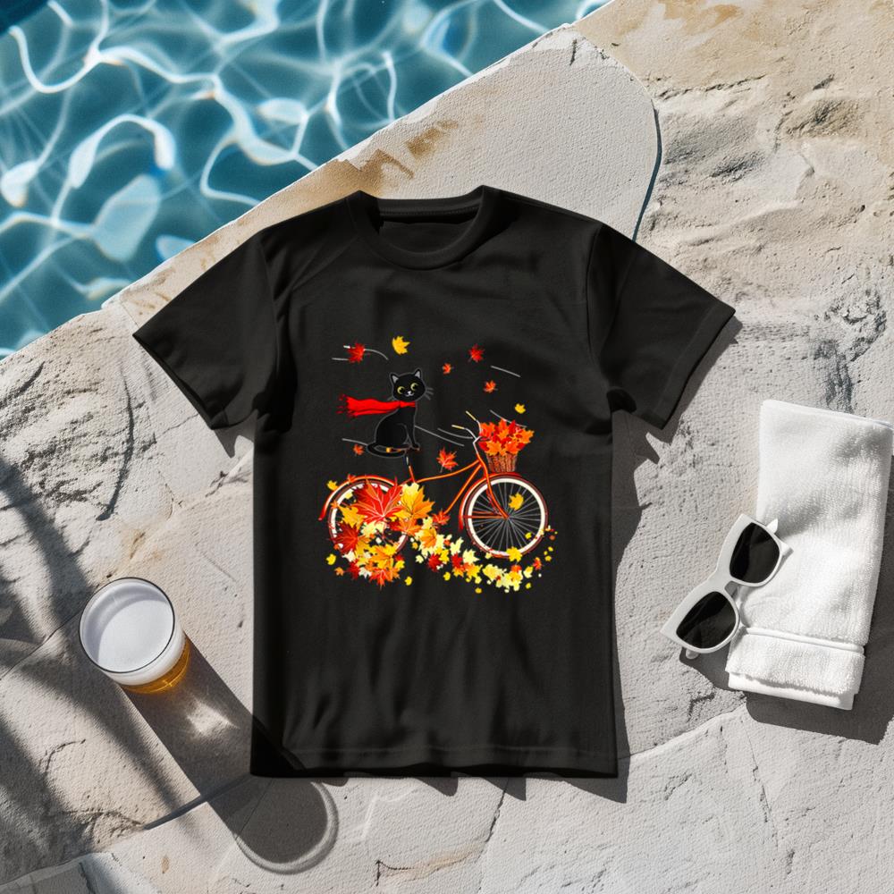 Black Cat Autumn Funny Fall Cycling Lover T-Shirt