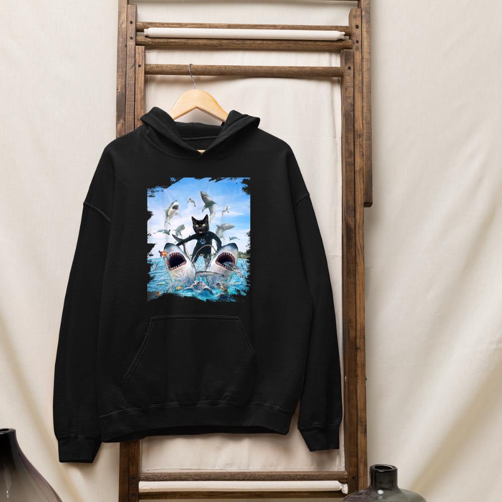 Black Cat Riding Shark Sharks At Beach Ocean Funny Hoodie