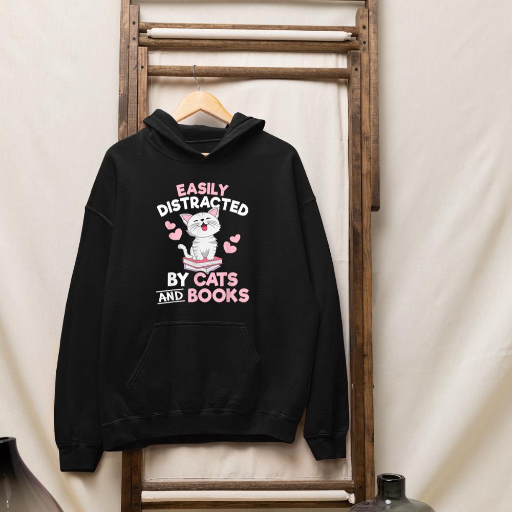 Easily Distracted By Cats and Books Cute Cat Book Lover Hoodie